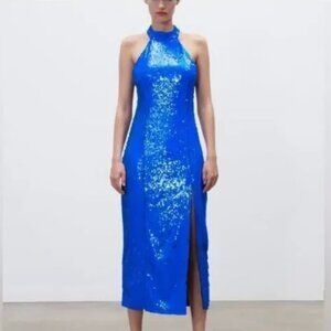 Royal blue sequin Zara halter neck dress - small